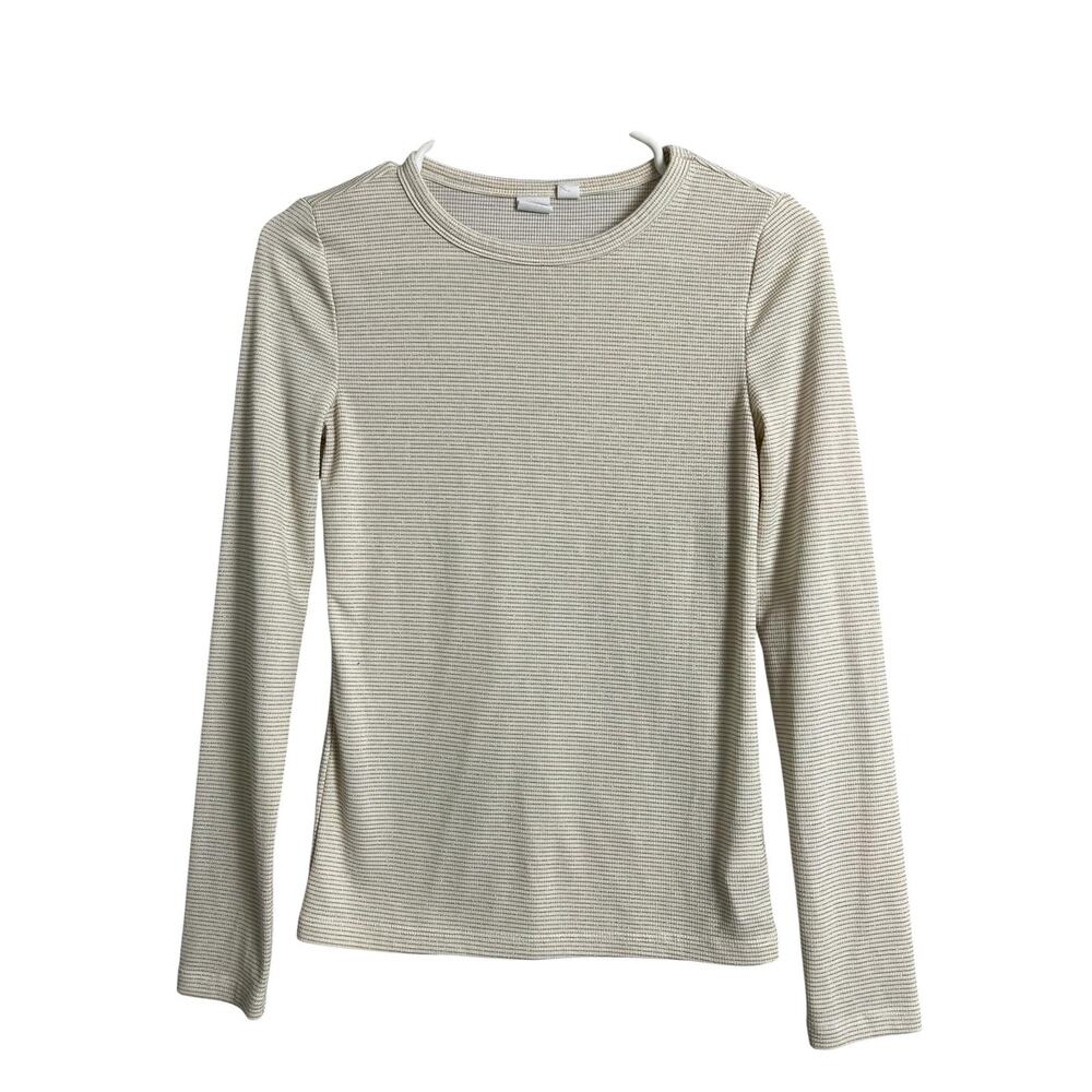Gap Shirt Womens XS White Gold Stripe Long Sleeve Glitter Knit Crew Neck Top